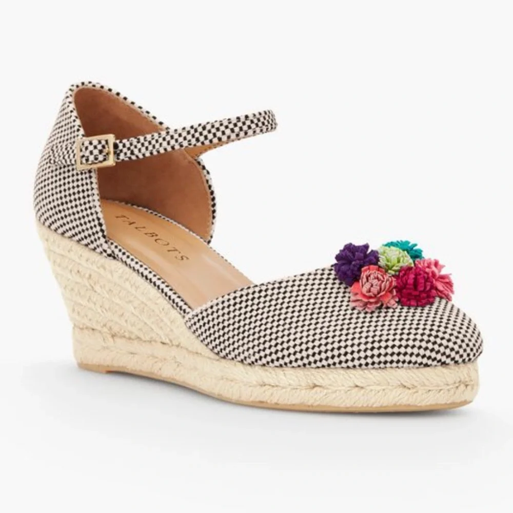 Talbots Lyndsay D’Orsay Pom Two Tone Cotton Espadrille Wedges